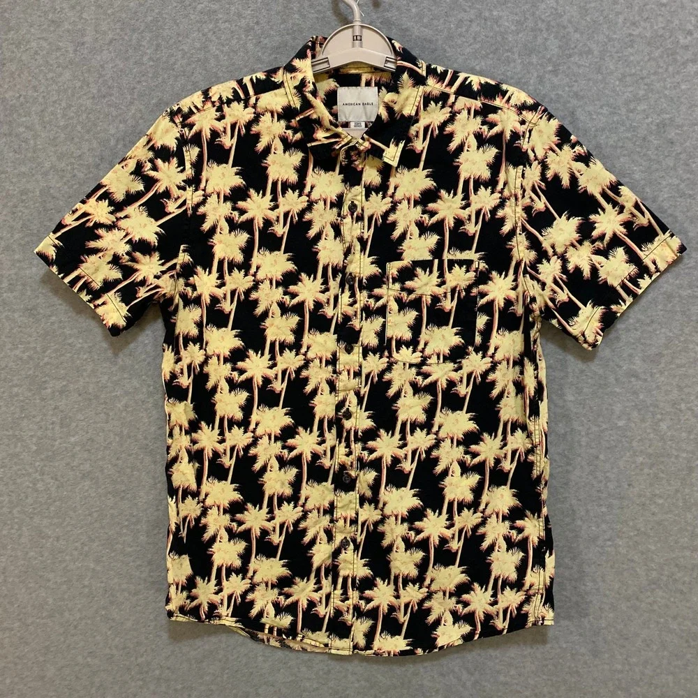 American Eagle Men's M Button Up Shirt Black Yellow 100% Cotton Palm Tree Print